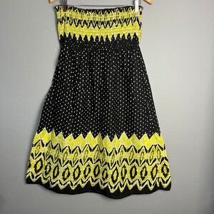 Cato Strapless Smocked Sundress Yellow Ikat Chevron Polka Dot Tribal Print Sz Sm